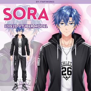 May include: A digital illustration of a male anime character named SORA, a Live2D VTuber model. The character has blue hair, wears a black zip-up hoodie over a white t-shirt with the text ATHLETIC 26, and black joggers with white trainers.