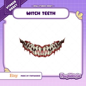 May include: A digital graphic asset labeled WITCH TEETH featuring a wide, menacing grin with sharp, pointed white teeth and detailed red gums. The illustration is presented on a light purple grid background with the text NEW VTUBER ASSET and FinfiWorks.