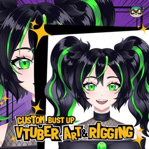 Op de afbeelding: Een digitale illustratie van een buste van een vrouwelijk personage met zwart en groen haar. Het personage heeft groene ogen en draagt een zwart-witte outfit. De tekst "CUSTOM BUST UP VTUBER ART & RIGGING" wordt weergegeven in gele letters op een zwarte achtergrond.