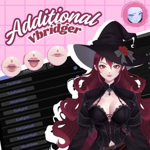May include: A digital illustration of a witch with long red hair wearing a black dress and a witch's hat. The image is set against a pink background with a menu of options for adjusting the witch's facial features.