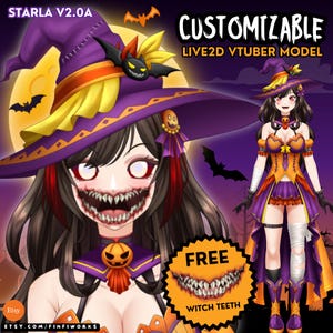 May include: A digital illustration of a Live2D VTuber model named Starla V2.0A, featuring a character in a purple and orange witch costume with a large hat, bat accents, and a pumpkin choker. The character has long dark hair and a wide, sharp-toothed grin.
