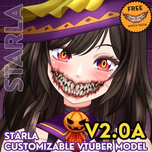 Puede incluir: Una ilustración digital de un personaje con cabello largo y oscuro, un sombrero de bruja morado y un accesorio de calabaza. El personaje tiene ojos rojos y una boca ancha y exagerada llena de dientes afilados. El texto dice STARLA V2.0A.