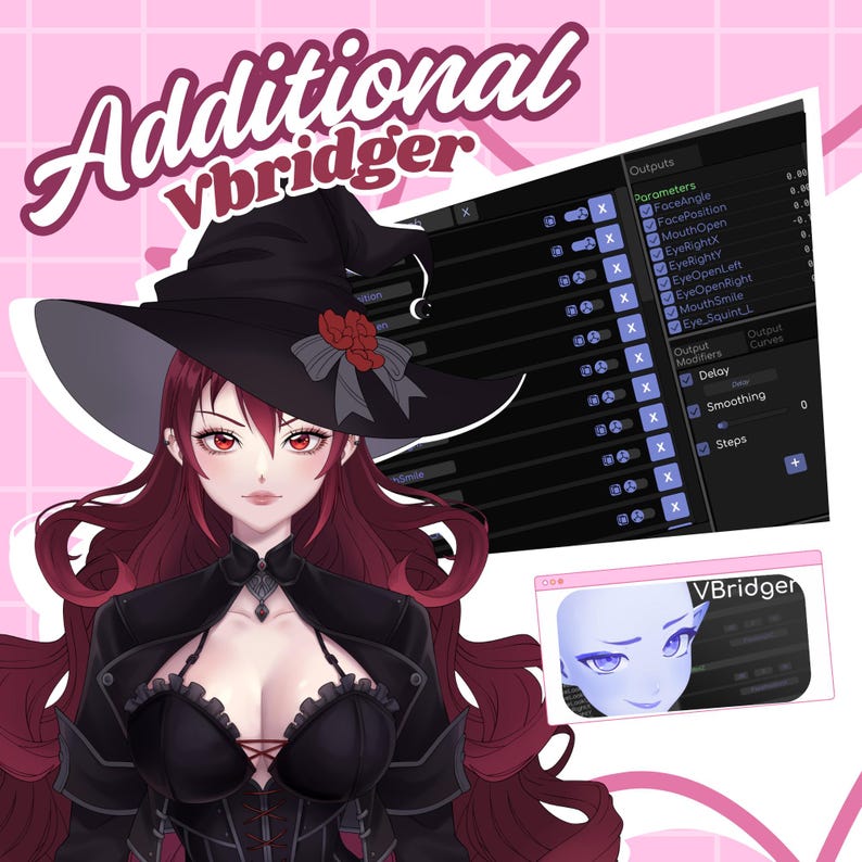 May include: A digital illustration of a woman with long red hair wearing a black witch hat and a black dress. The image includes a screenshot of a software interface with the text "VBridger" and various parameters for adjusting facial features.