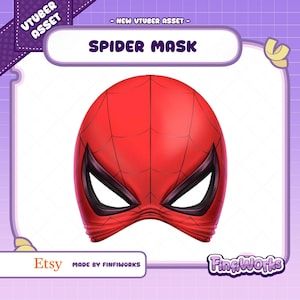 Op de afbeelding: Een rood spinnenmasker met zwarte webpatronen en grote, hoekige witte ooglenzen met dikke zwarte randen. De tekst "VTUBER ASSET" en "SPIDER MASK" verschijnt bovenaan, met "Etsy" en "MADE BY FINFIWORKS" onderaan de afbeelding.