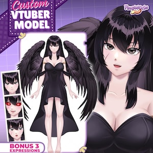 Op de afbeelding: Een aangepast VTuber-model met een anime-stijl personage met lang zwart haar, een litteken op de wang en grote zwarte vleugels. Het personage draagt een zwarte strapless jurk met een asymmetrische zoom en drie extra gezichtsuitdrukkingen.