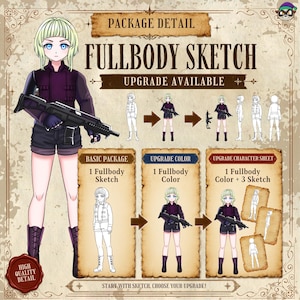May include: A digital illustration showing a character design service with a blonde anime-style figure holding a black rifle. The graphic displays package options including a fullbody sketch, color upgrade, and a character sheet with three sketches.
