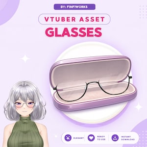 May include: A digital illustration of a VTuber asset featuring black-rimmed glasses in a purple case. The text reads BY: FINFIWORKS, VTUBER ASSET, GLASSES, ELEGANT, READY TO USE, and INSTANT DOWNLOAD. An anime-style character with silver hair wears glasses.