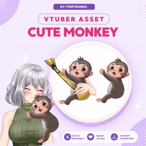May include: A digital illustration of a VTuber asset featuring a cute monkey character. The graphic includes text reading BY: FINFIWORKS, VTUBER ASSET, CUTE MONKEY, CUTE & ADORABLE, READY TO USE, and INSTANT DOWNLOAD. The monkey is shown in various poses.