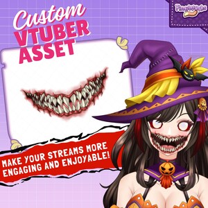 May include: A digital illustration of a custom VTuber asset featuring a wide, sharp-toothed monster mouth with red gums. The character wears a purple witch hat with a bat emblem and a pumpkin choker, set against a purple grid background.