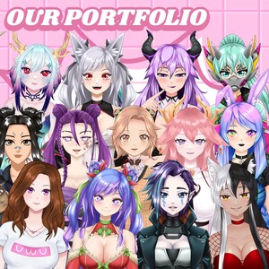 May include: A group of 12 anime-style characters with different hair colors, styles, and outfits. The characters are arranged in a semi-circle with the text "OUR PORTFOLIO" at the top of the image.