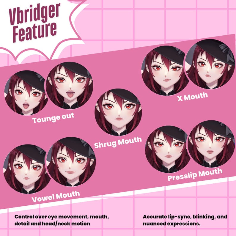May include: A graphic showing different mouth positions for a virtual character. The mouth positions include "Tounge out", "Shrug Mouth", "X Mouth", "Presslip Mouth", and "Vowel Mouth". The text "Vbridger Feature" is at the top of the image.