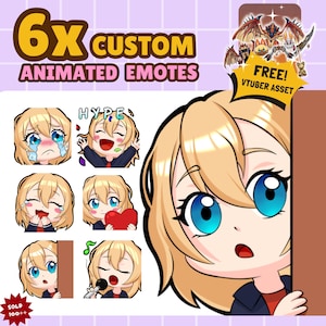 6x Custom Animated Emotes for VTubers & Twitch | Chibi Streamer GIF PNG | Kawaii Discord Emote Pack