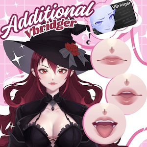 May include: A digital illustration of a woman with long red hair wearing a black witch hat and a black outfit. The image includes three different mouth shapes, with the text "Additional vbridger" at the top.