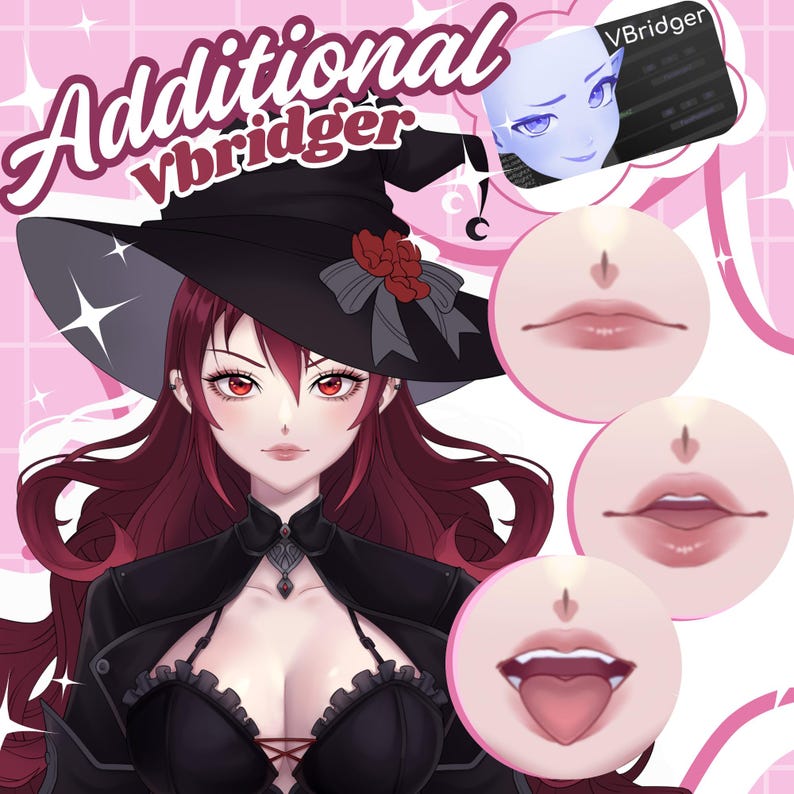 May include: A digital illustration of a woman with long red hair wearing a black witch hat and a black outfit. The image includes three different mouth shapes, with the text "Additional vbridger" at the top.