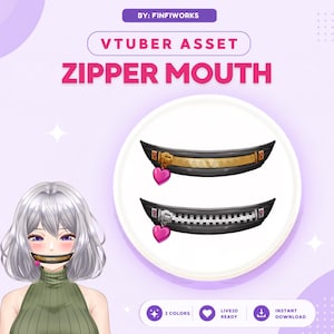 Może przedstawiać: Cyfrowy zasób VTuber przedstawiający wzór ust z zamkiem błyskawicznym w dwóch wariantach kolorystycznych, złotym i srebrnym, oba ozdobione małym różowym zawieszką w kształcie serca. Grafika zawiera tekst BY: FINFIWORKS, VTUBER ASSET, ZIPPER MOUTH.