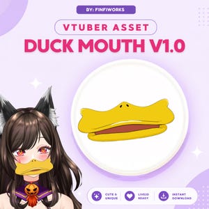 Puede incluir: Un activo digital para VTuber titulado DUCK MOUTH V1.0 de FINFIWORKS. El gráfico muestra un pico de pato amarillo con interior marrón, presentado como un icono independiente y usado por un personaje estilo anime de pelo oscuro.