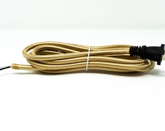 Follite Gold Cloth Covered Round Lamp Wire with Plug | 8 Feet Long