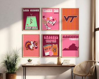 Virginia Tech | Digital Prints set of 6 | preppy wall art, dorm decor, trendy modern girly prints