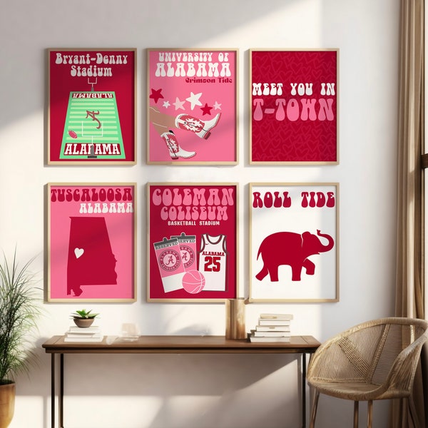 University Of Alabama | Digital Prints set of 6 | preppy wall art, dorm decor, trendy modern girly prints