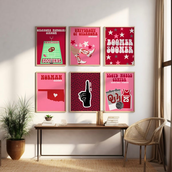 Oklahoma University (OU) | Digital Prints set of 6 | preppy wall art, dorm decor, trendy modern girly prints