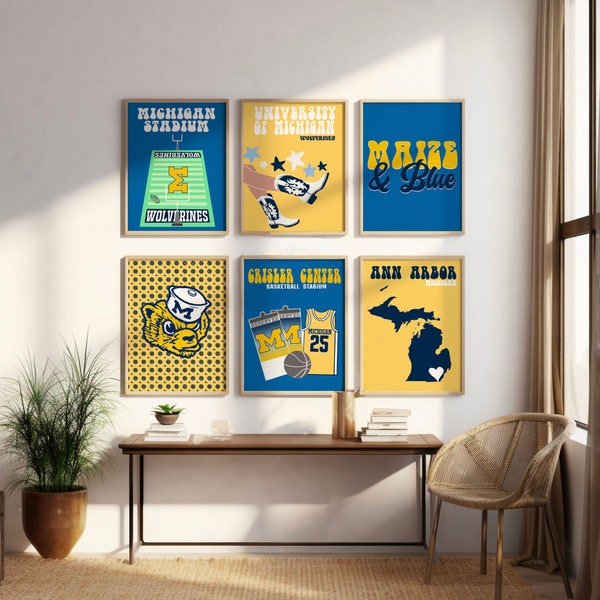 University of Michigan | Digital Prints set of 6 | preppy wall art, dorm decor, trendy modern girly prints
