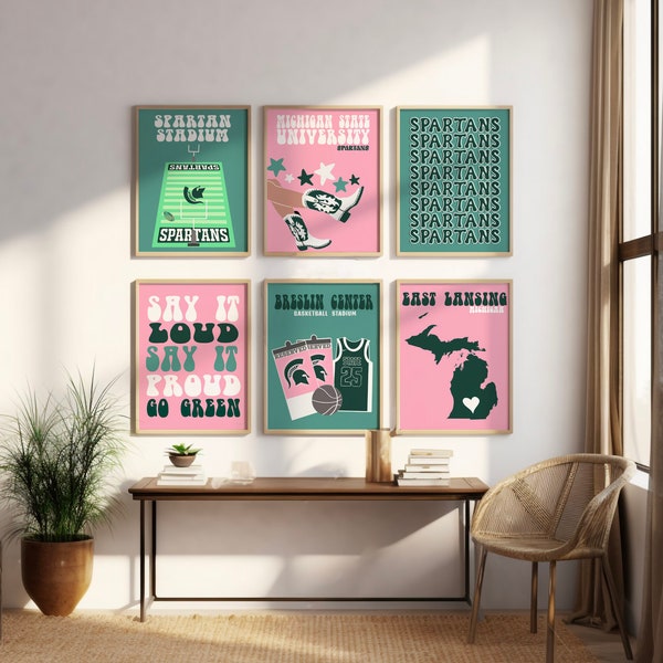 Michigan State University | Digital Prints set of 6 | preppy wall art, dorm decor, trendy modern girly prints