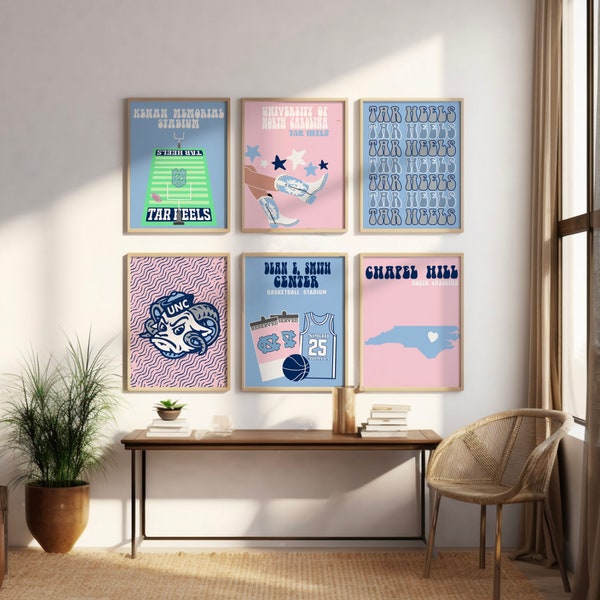 University Of North Carolina (UNC) | Digital Prints set of 6 | preppy wall art, dorm decor, trendy modern girly prints