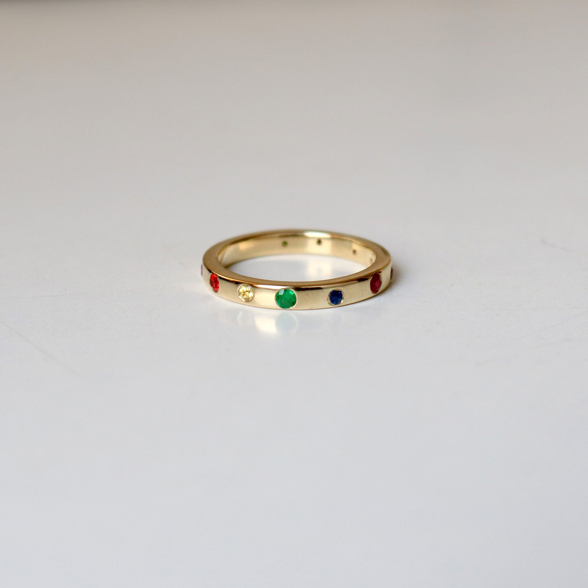 Rainbow Multi Gemstone Wedding Band Solid 14k Gold Ring Women