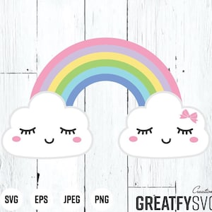 May include: Two white clouds with closed eyes and smiling mouths, with a rainbow arching over them. The rainbow is pink, purple, yellow, green, and blue.