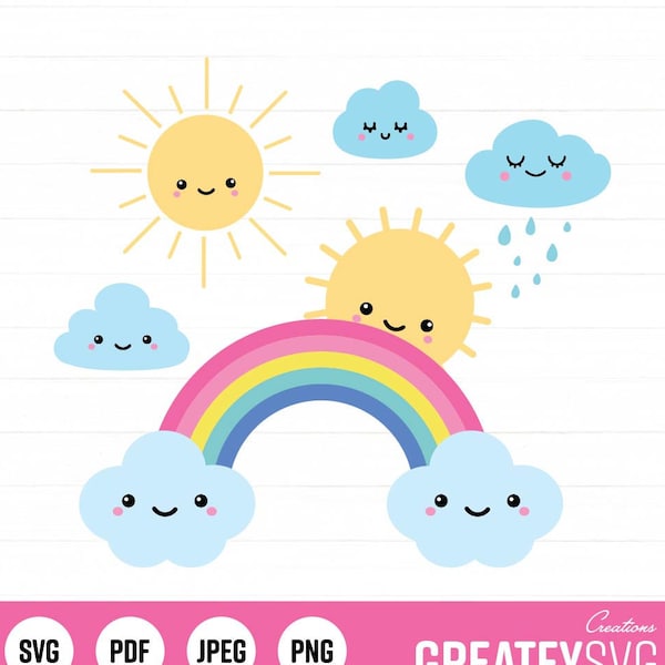 Rainbow Svg. Rainbow Clipart. Sun Svg. Cut Files. Cloud Svg. Kawaii Svg. Rainbow Cloud Cut File. Cricut Files. Smiling Emoji Svg. Weather