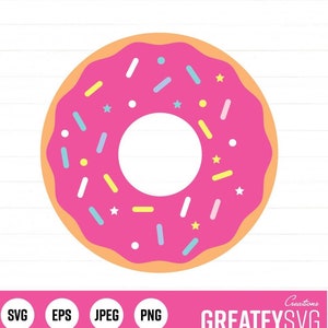 May include: A vector graphic of a pink frosted donut with colorful sprinkles and a white center. The donut has a light brown outer ring. The image includes the text "SVG EPS JPEG PNG" and "GREATFYSVG".