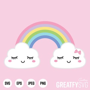 May include: A rainbow with a pastel color scheme arches over two white clouds with closed eyes and smiling faces. The cloud on the right has a pink bow.