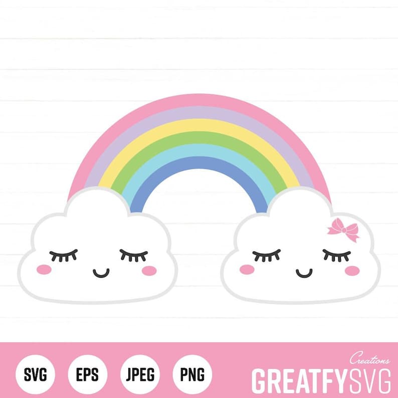 May include: Two white clouds with closed eyes and smiling faces, one with a pink bow, are under a rainbow with pink, purple, blue, green, and yellow stripes.