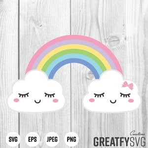 May include: A rainbow with pastel colors, with two clouds on either side. The clouds have closed eyes, a smile, and pink cheeks.