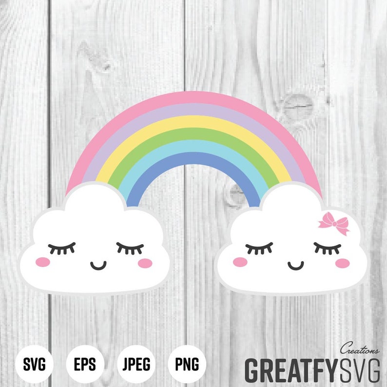 May include: A rainbow with pastel colors, with two clouds on either side. The clouds have closed eyes, a smile, and pink cheeks.