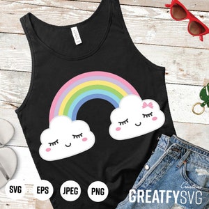 May include: A black tank top with a rainbow and two clouds with smiling faces. The clouds have pink cheeks and eyelashes. The rainbow has pink, yellow, green, blue, and purple stripes.