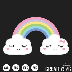 May include: Two white clouds with closed eyes and smiling faces, one with a pink bow, are under a rainbow with pink, purple, yellow, green, and blue stripes.