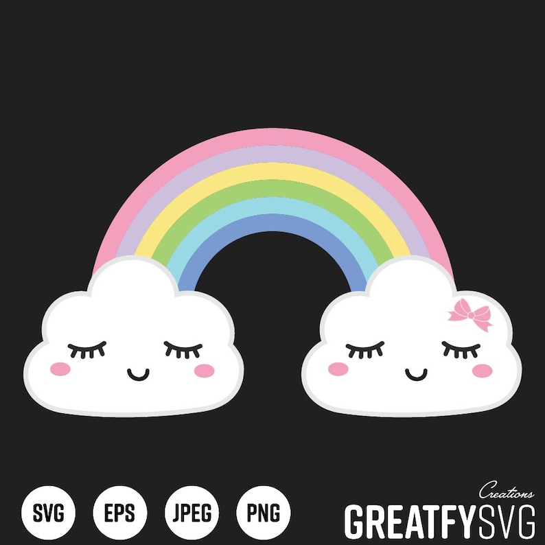 May include: Two white clouds with closed eyes and smiling faces, one with a pink bow, are under a rainbow with pink, purple, yellow, green, and blue stripes.