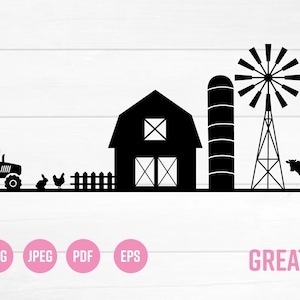 Puede incluir: Silueta negra de una escena de granja con un tractor, gallinas, un granero, un silo, un molino de viento y una vaca. La imagen incluye el texto "GREATFYSVG" e iconos de tipo de archivo.