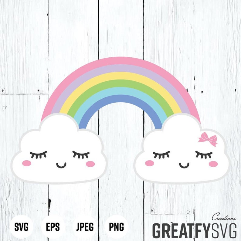May include: Two white clouds with closed eyes and smiling mouths, with a rainbow arching over them. The rainbow is pink, purple, yellow, green, and blue.
