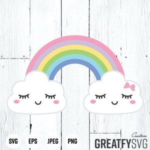 May include: A rainbow with pastel colors, with a white cloud on each side. The clouds have closed eyes and a smiling mouth. The cloud on the right has a pink bow.
