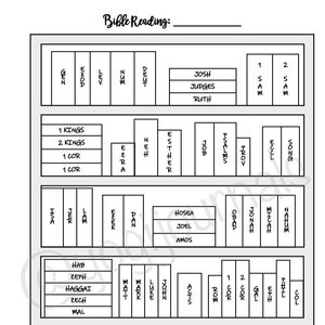 Puede incluir: Un gr&aacute;fico de plan de lectura b&iacute;blica imprimible en blanco y negro con los libros de la Biblia enumerados en orden. El gr&aacute;fico est&aacute; dividido en secciones para el Antiguo Testamento, el Nuevo Testamento y los Evangelios.