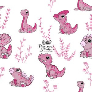 Pink Dinosaur with Plants Seamless Pattern | Baby Nursery Fabric Print | Seamless Tile | Dinosaur Repeat Pattern | Digital Download