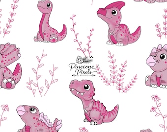 Motivo senza cuciture con dinosauri rosa e piante / Stampa su tessuto per cameretta / Piastrella senza cuciture / Motivo ripetuto con dinosauri / Download digitale