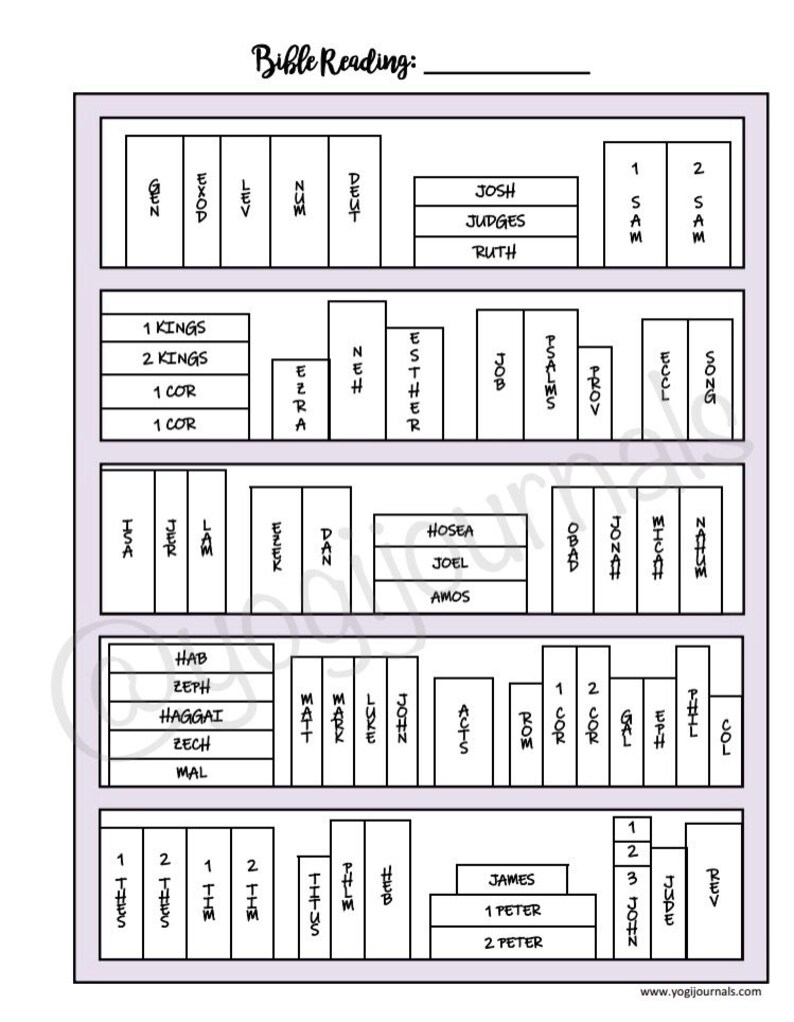 Puede incluir: Un gr&aacute;fico de plan de lectura b&iacute;blica imprimible en blanco y negro con los nombres de los libros de la Biblia enumerados en orden. El gr&aacute;fico est&aacute; dividido en secciones con los nombres de los libros de la Biblia enumerados en cada secci&oacute;n.