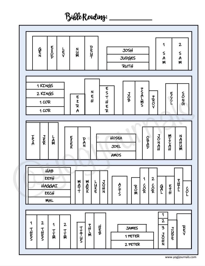Puede incluir: Un gr&aacute;fico de plan de lectura de la Biblia imprimible en blanco y negro con los nombres de los libros de la Biblia enumerados en orden. El gr&aacute;fico est&aacute; dividido en secciones para el Antiguo Testamento y el Nuevo Testamento.