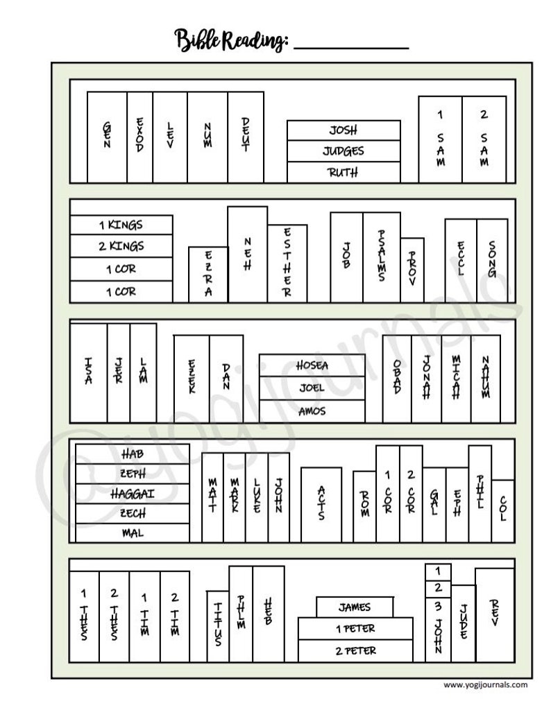 Puede incluir: Un gr&aacute;fico de plan de lectura de la Biblia imprimible en blanco y negro con los libros de la Biblia enumerados en orden. El gr&aacute;fico est&aacute; dividido en secciones para el Antiguo Testamento, el Nuevo Testamento y los Evangelios.