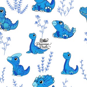 Blue Dinosaur with Plants Seamless Pattern | Baby Nursery Fabric Print | Seamless Tile | Dinosaur Repeat Pattern | Digital Download