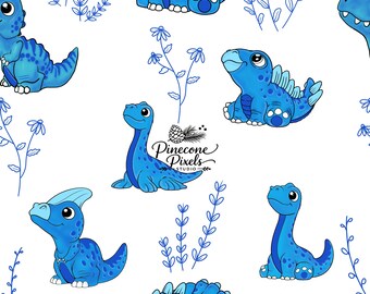 Motivo senza cuciture con dinosauri blu e piante / Stampa su tessuto per cameretta / Piastrella senza cuciture / Motivo ripetuto con dinosauri / Download digitale