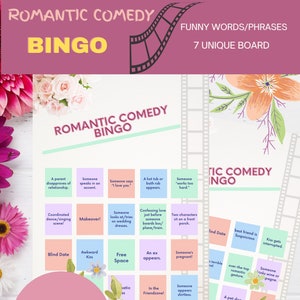 Puede incluir: Un cartón de bingo rosa y verde con el título "Romantic Comedy Bingo". El cartón tiene 25 casillas con frases como "Alguien dice 'Te amo'" y "Aparece una bañera de hidromasaje o un frotamiento de baño".